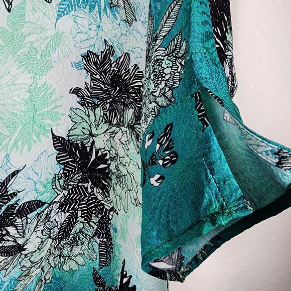 Citron Tunic Top Silk Floral Jacquard Aqua Black Art to Wear Size Medium Roomy - Picture 6 of 9
